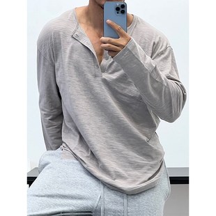 宽松随性慵懒 T恤深v肌肉男显身材显壮 单穿打底都超赞竹节棉长袖