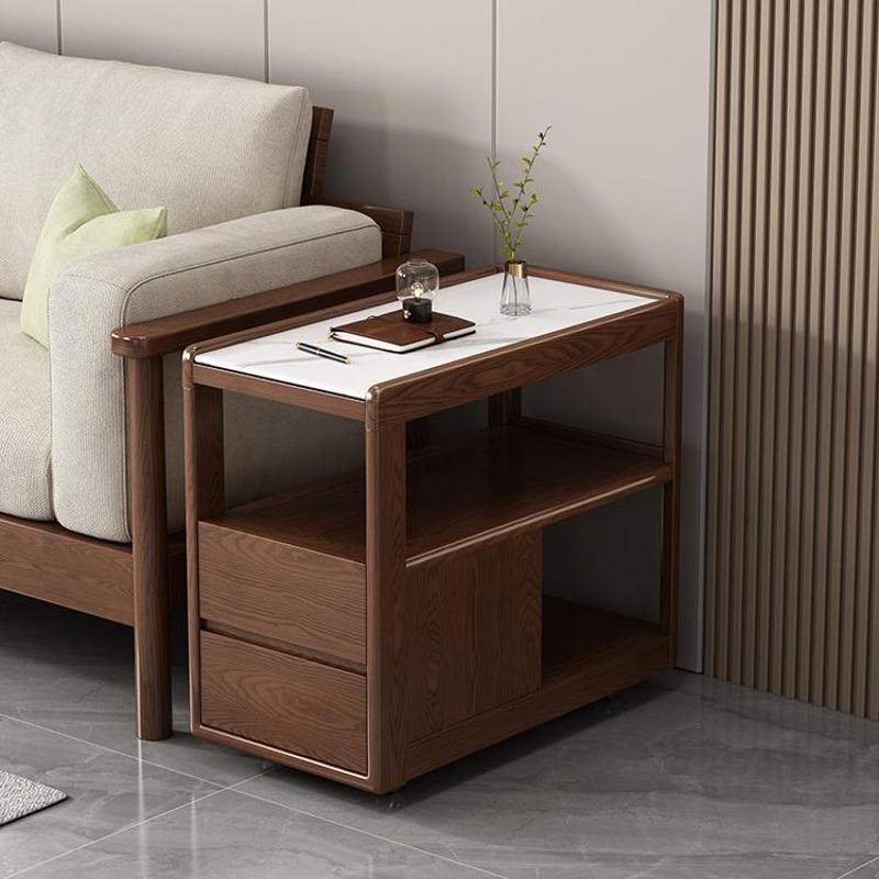 实木沙发边柜北美橡木侧柜带轮可移动小茶桌客厅现代简约岩板角几