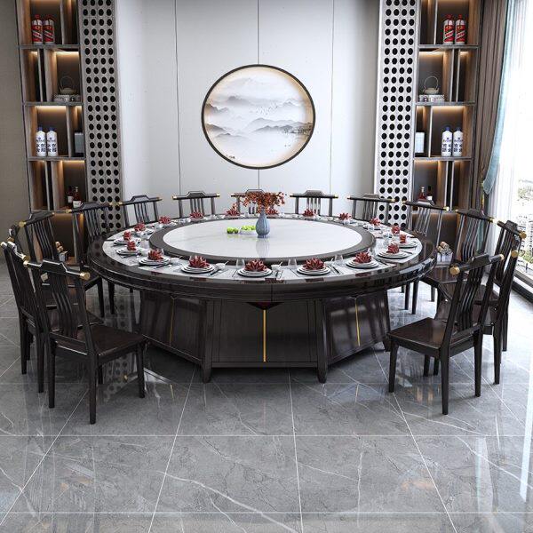 新中式酒店电动转盘岩板大圆桌大理石纹实木餐桌别墅会所20人饭桌