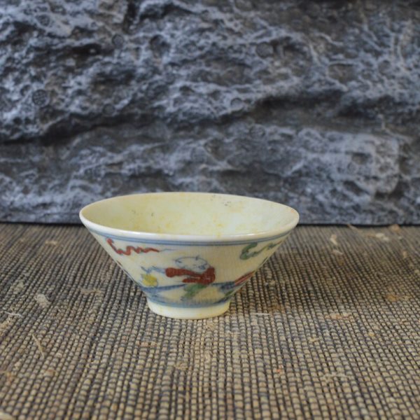 仿古瓷器 复古做旧明成化风格  斗彩婴戏纹斗笠杯 古董古玩收藏品