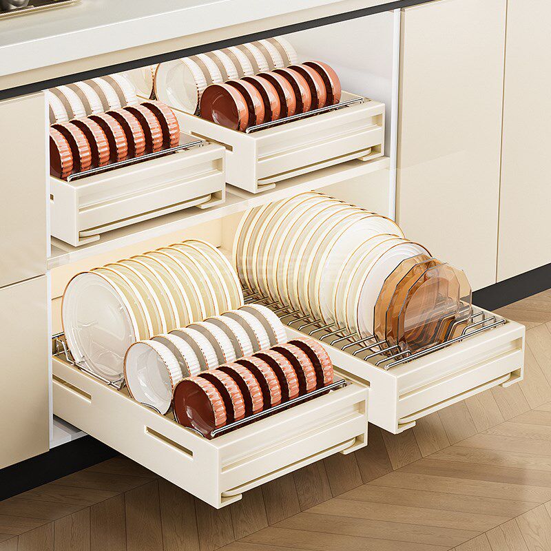 束丰家居奶白碗碟收纳架碳钢碗A盘橱柜拉篮抽屉式沥水厨房置物架