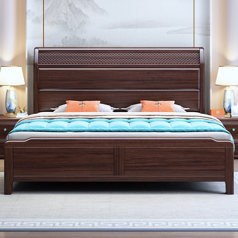 新中式乌金木床卧室1.8mu双人床高端气压全开六抽储物2米全实木床