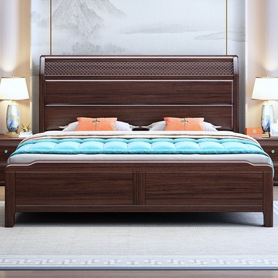 新中式乌金木床卧室1.8mu双人床高端气压全开六抽储物2米全实木床