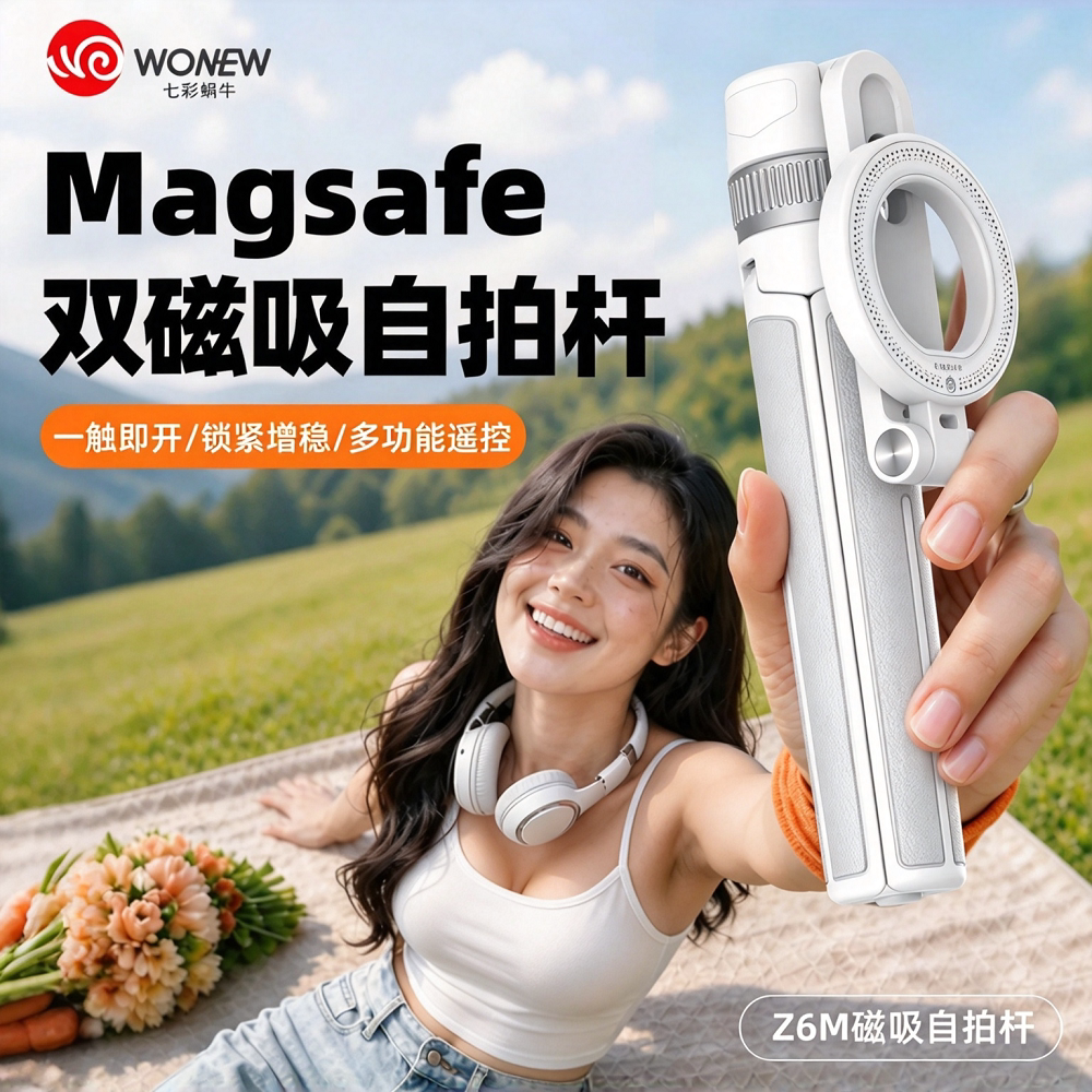 wonew七彩蜗牛Z6M变焦自拍杆双面磁吸自拍三脚架视频拍摄直播手机支架拍照补光灯桌面手机架专用迷你便携神器
