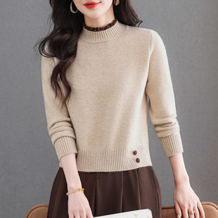 蕾丝半高领短款毛衣女秋冬2025新款设计感内搭上衣加厚针织打底衫