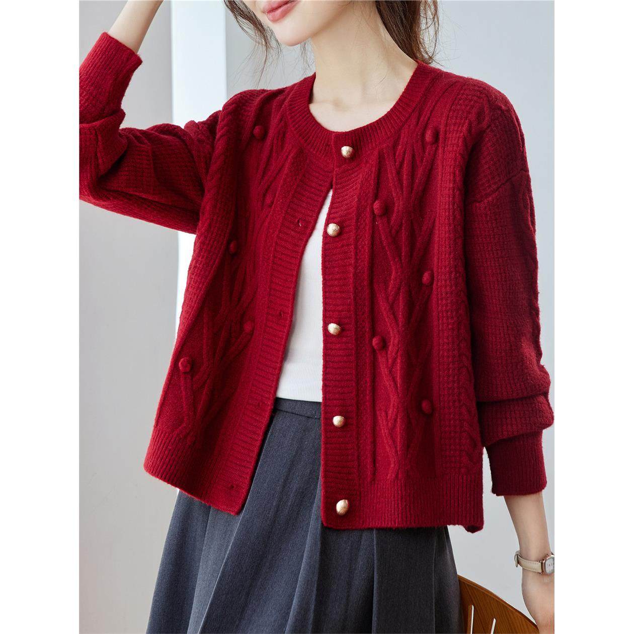 红色加厚针织开衫女高腰短款宽松外搭2025年春秋女士高端毛衣外套