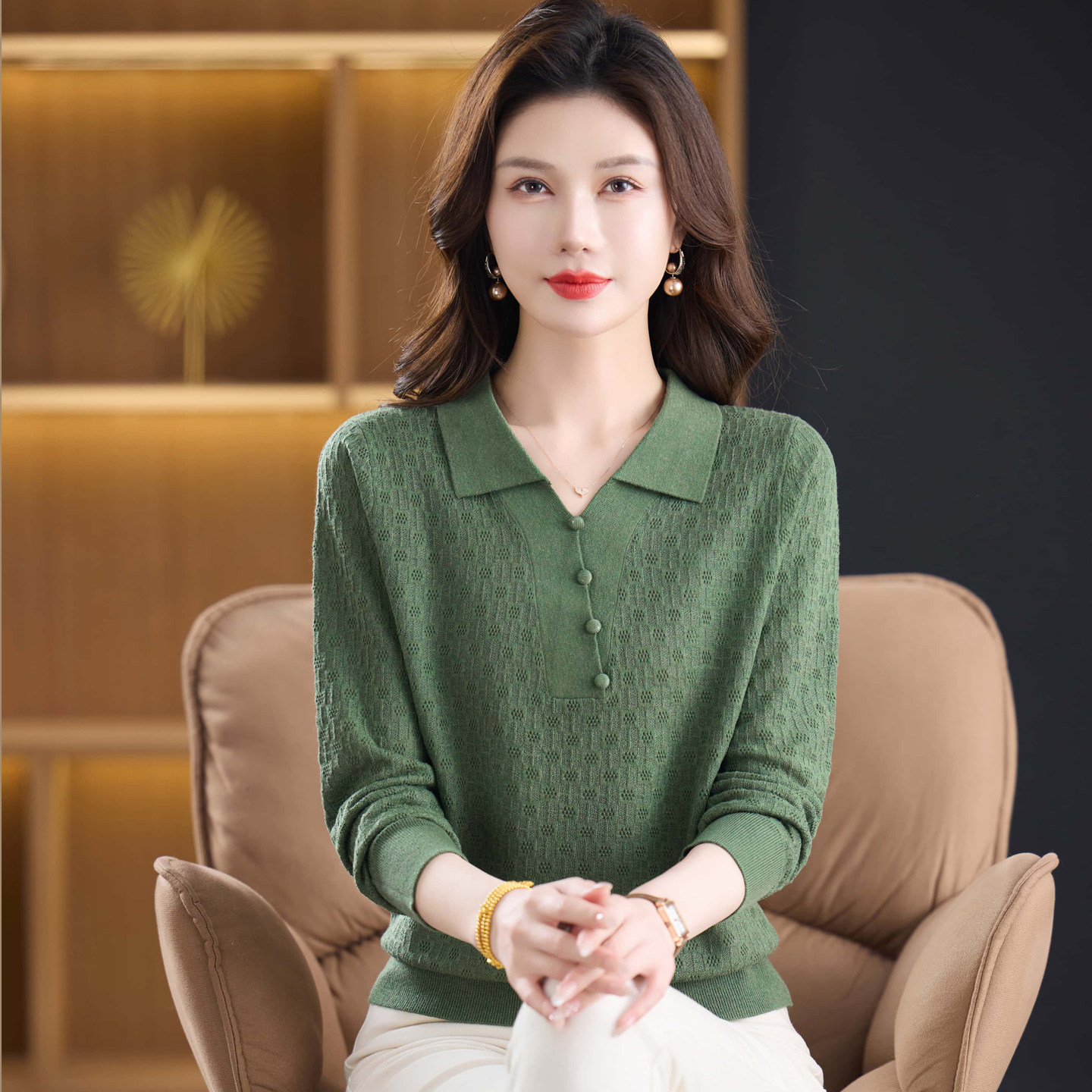 翻领长袖t恤女宽松提花针