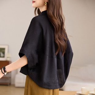 黑色雪纺蝙蝠衫T恤女夏小翻领中袖不规则遮肚子衬衫前短后长上衣