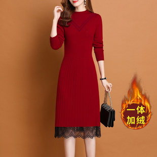 妈妈冬季加绒加厚蕾丝针织连衣裙女秋冬配大衣修身内搭打底毛衣裙