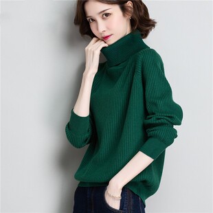 墨绿色高领毛衣女韩版新款秋冬装宽松慵懒套头加厚内搭针织打底衫