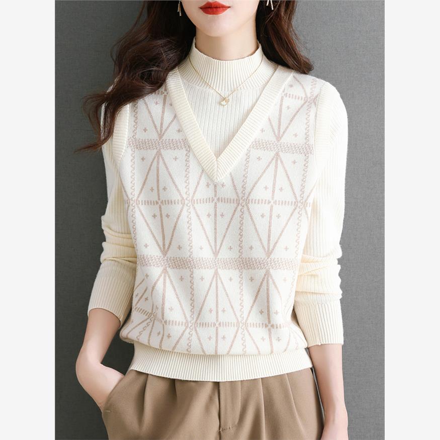 圆领羊毛衫秋冬女假两件针织衫