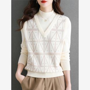 品牌清仓米色圆领羊毛衫秋冬女假两件针织衫打底上衣外穿漂亮毛衣