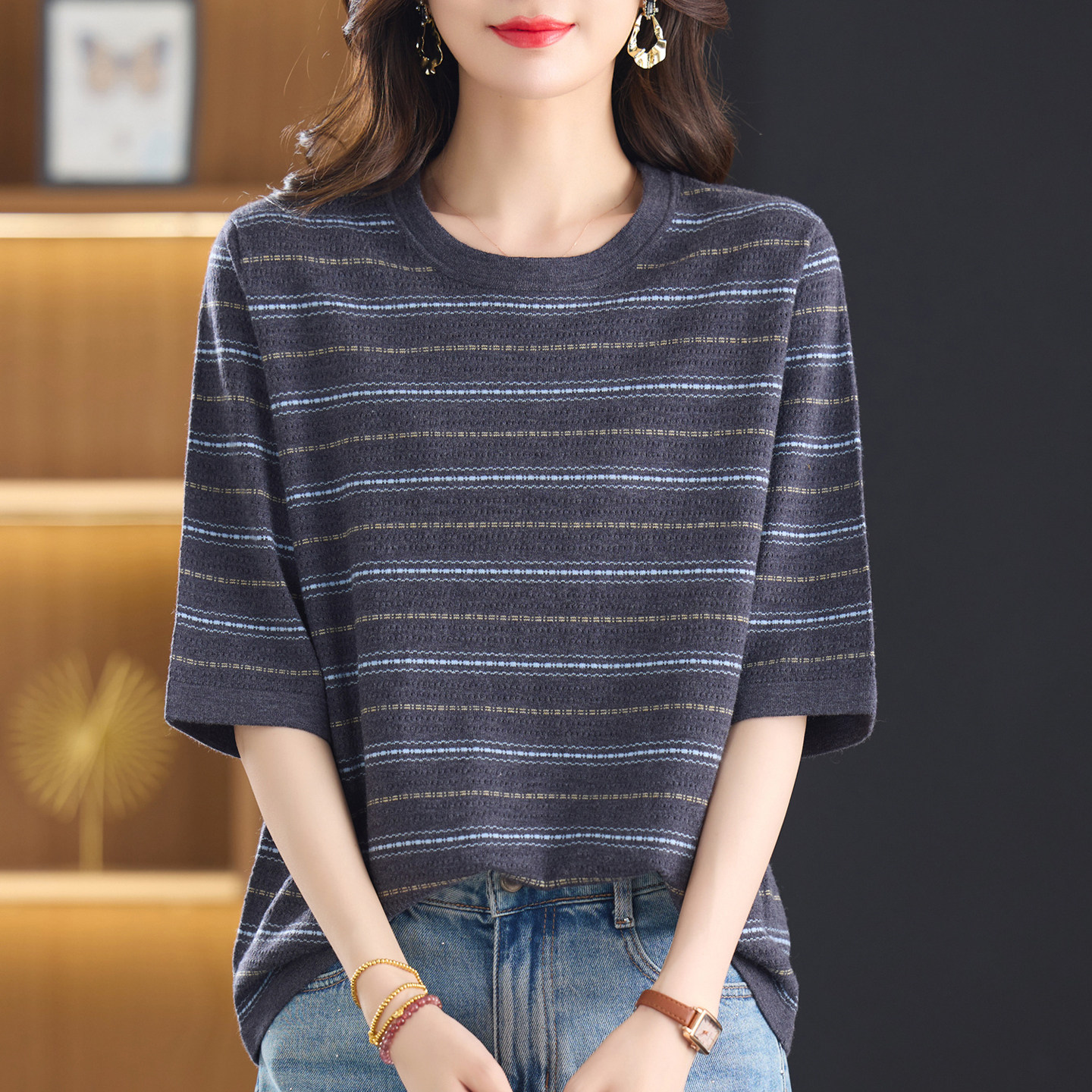 大码妈妈中袖针织t恤女宽