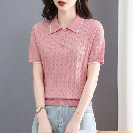 翻领针织短袖T恤女2026新款夏季薄款气质绞花polo衫洋派减龄上衣
