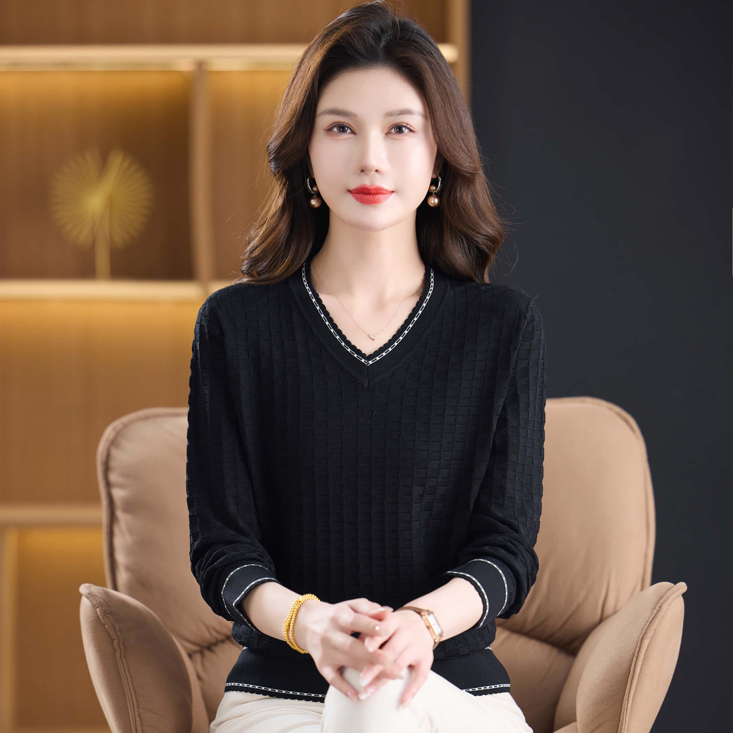 春秋v领长袖t恤女宽松提