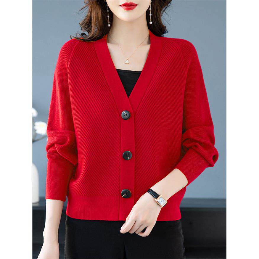 本命年大红色女装针织开衫秋冬短款外搭上衣2025新款妈妈毛衣外套