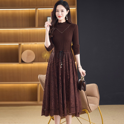 中长款蕾丝针织连衣裙女秋冬