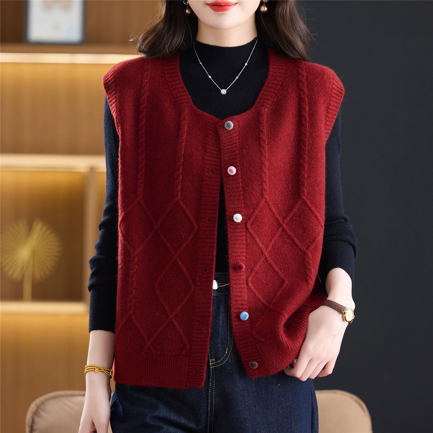 圆领红色麻花马甲背心毛衣女春秋款宽松无袖针织内搭开衫外穿上衣