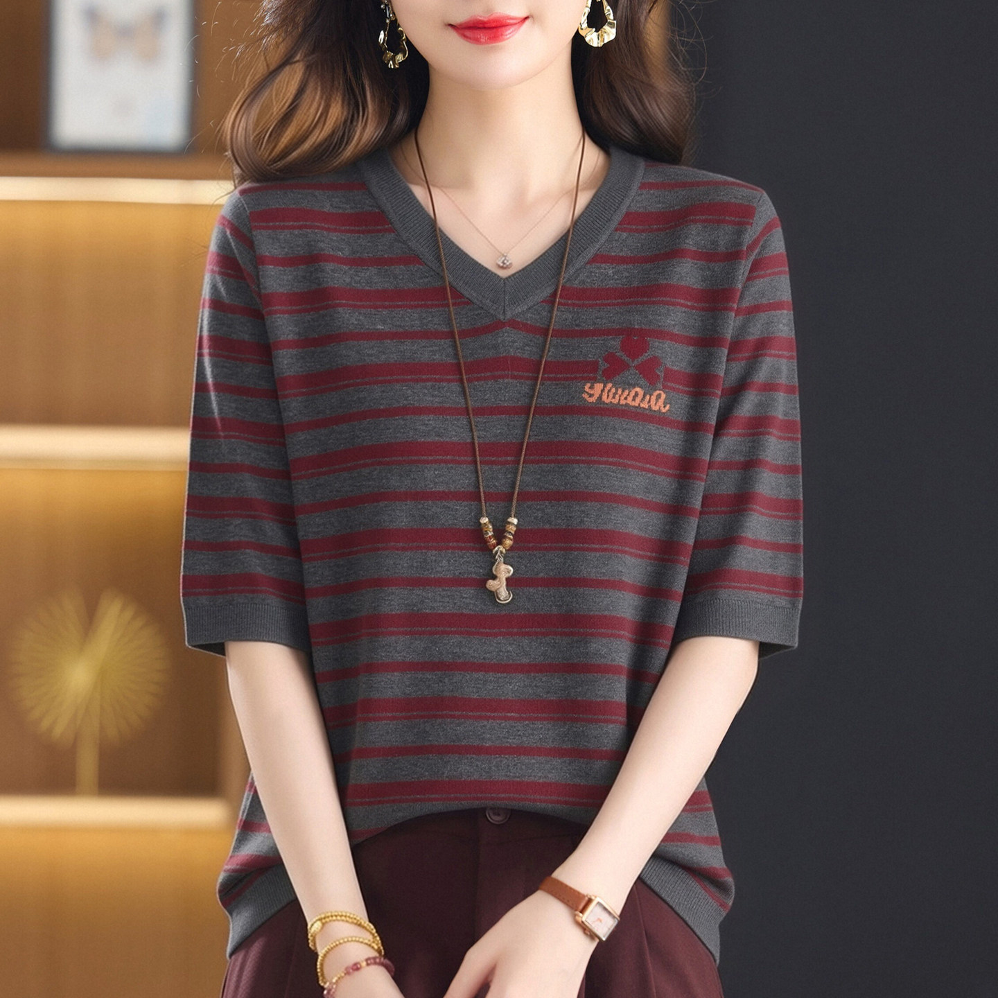 大码胖妈妈中袖针织t恤女