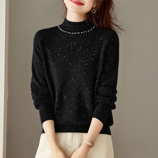 黑色闪闪亮丝半高领打底衫女内搭洋派针织衫配大衣秋冬季毛衣洋派