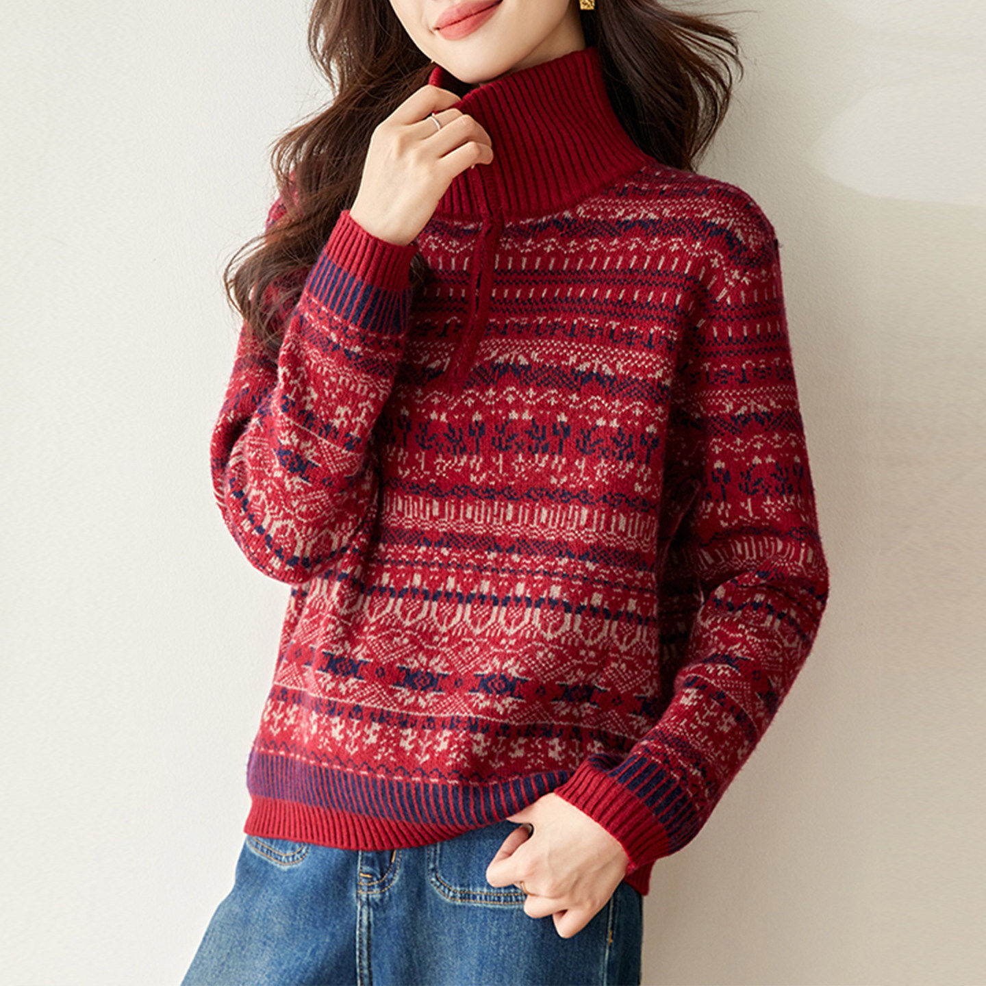 费尔岛风半拉链翻领红色毛衣女秋冬2025新款针织打底衫内搭可外穿