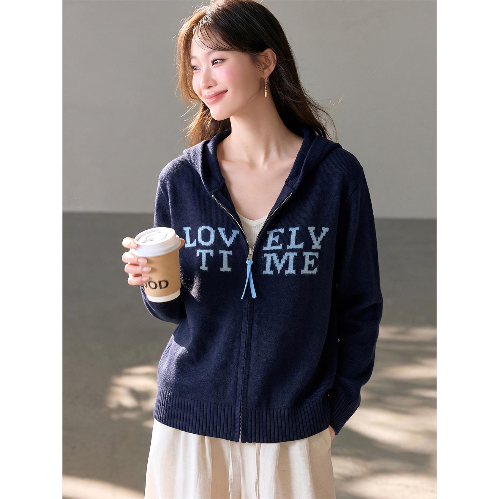 慵懒风连帽毛衣开衫女春