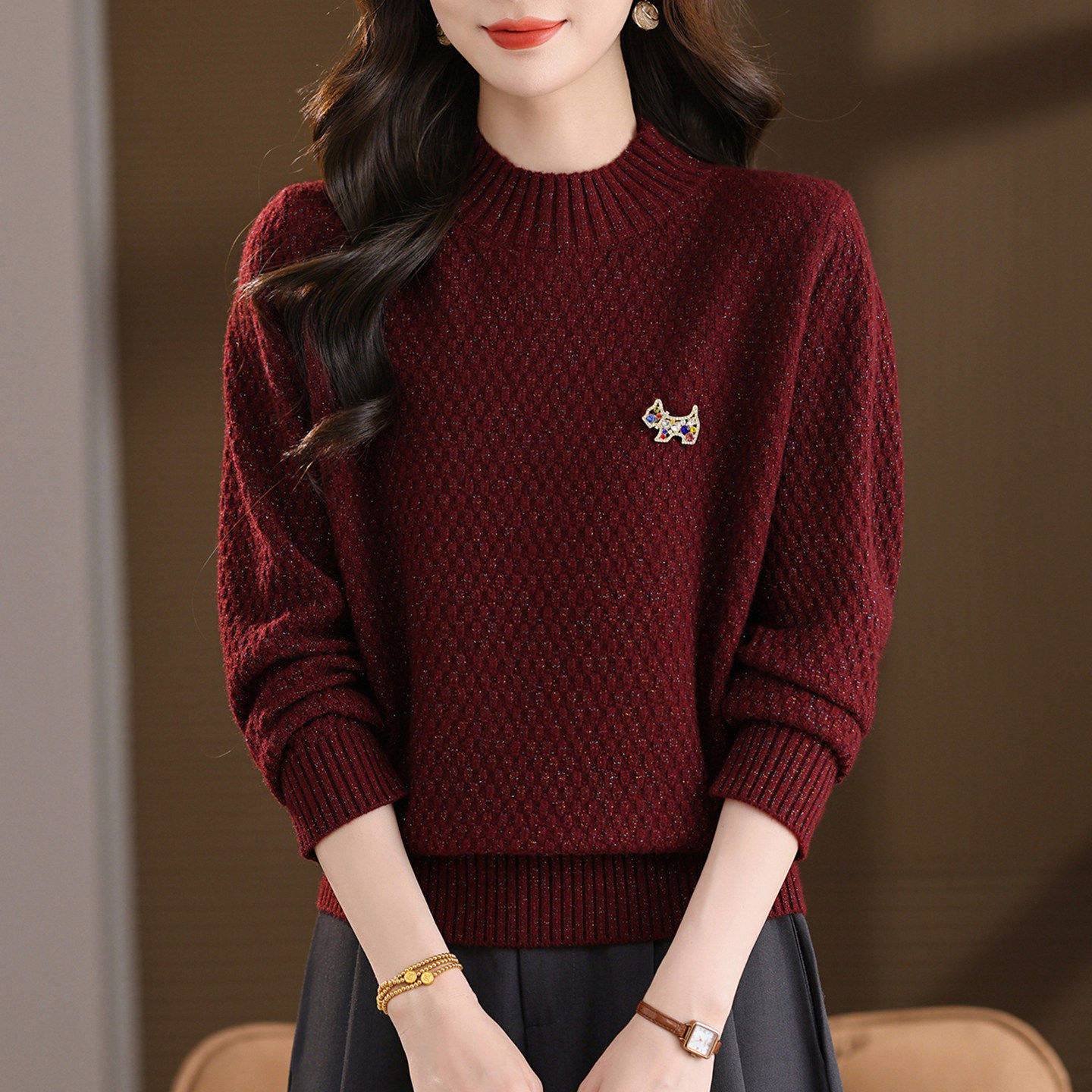半高领红色毛衣女秋冬季2025新款加厚洋派亮丝针织打底衫内搭上衣