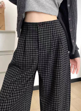 灰色格子裤子小个子新款阔腿裤加厚直筒裤高腰加绒女装宽松休闲裤