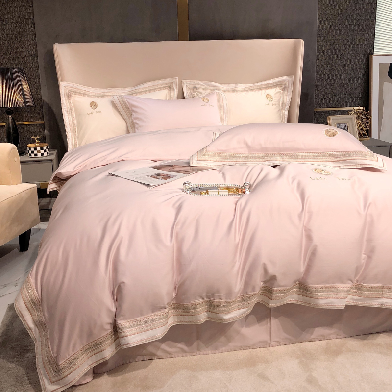 轻奢风欧式120支长绒棉四件套粉色公主风样板房高V档奢华床上用品