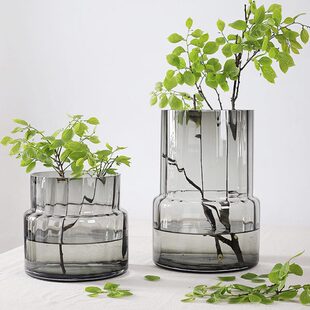 现代轻奢拾物极简胖水培玻璃口花器花瓶大号插花花瓶大鲜花矮绿色
