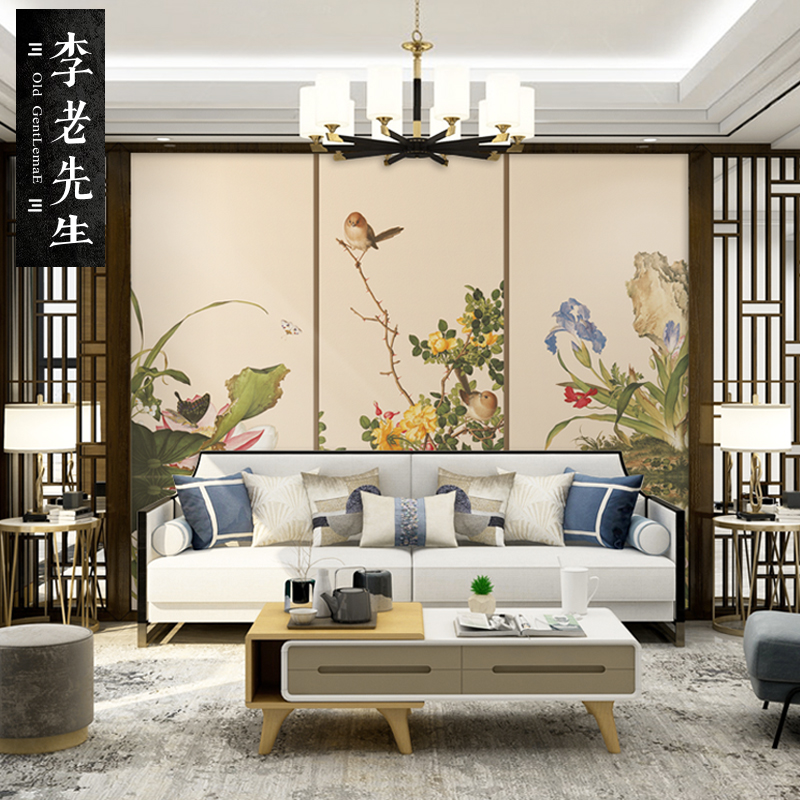 郎世宁花鸟壁纸新中式定制电视背景壁画J客厅卧室无纺布无缝墙布
