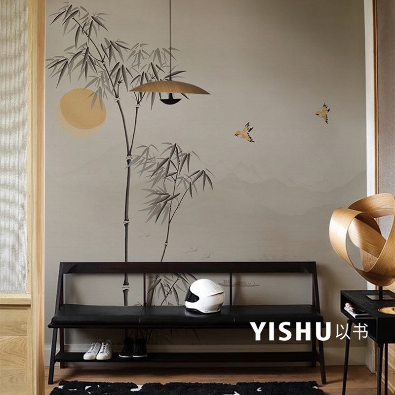 新中式淡墨山水竹子n客厅餐厅背景墙纸墙布卧室床头墙壁纸壁布定