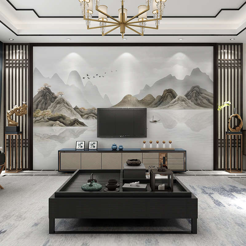 中式水墨山水墙纸客厅电视背景墙壁布客厅沙发卧室W装饰墙布墙纸