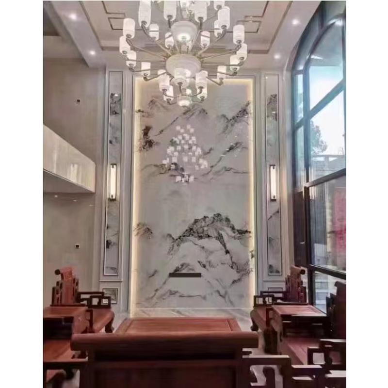 别墅复式楼挑空客厅电p视背景墙楼中楼玄关岩板瓷砖仿大理石大气