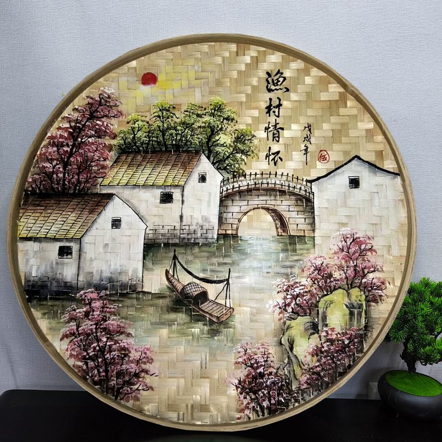 乐圆形装饰画手绘簸箕墙壁挂墙上田园农家饰竹筛墙面挂件竹编制品图片