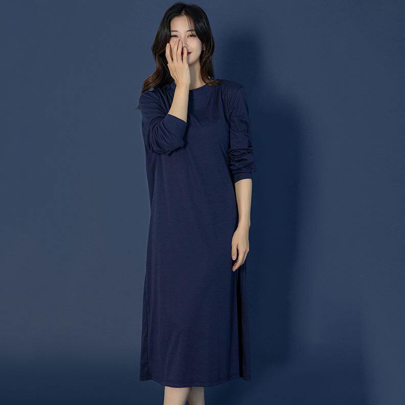 灰色长袖睡衣女款新款长款秋冬可外穿大码睡裙家居服小个子