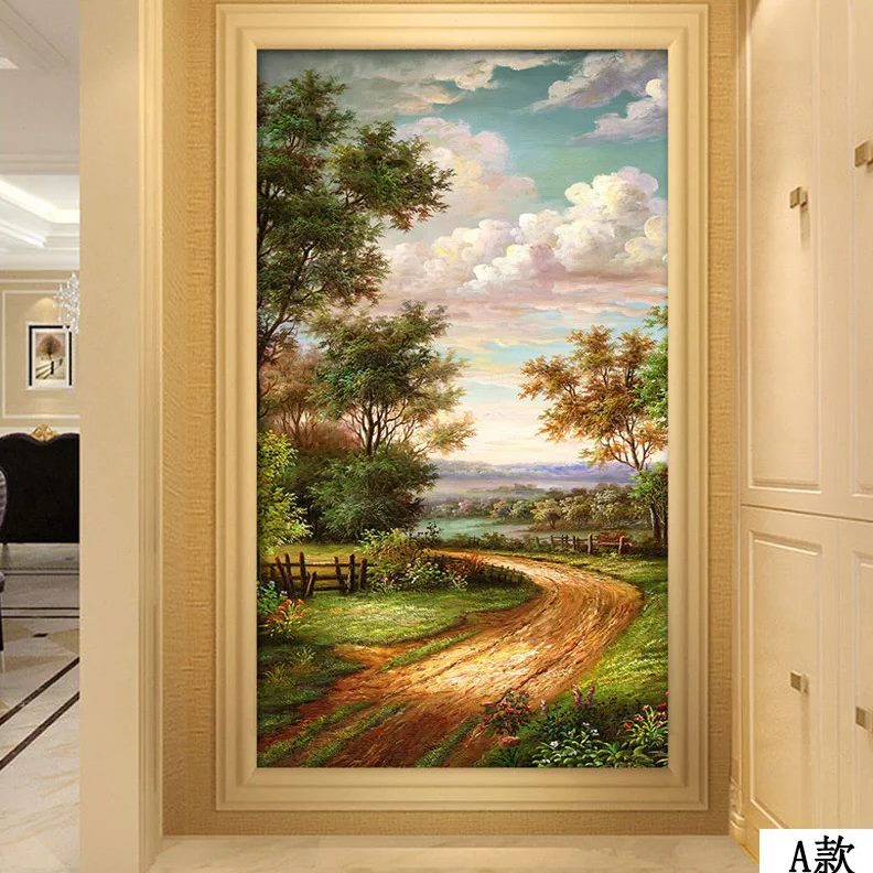 油画走廊墙布过道壁画墙纸美式玄关装饰风景竖版背景墙壁纸复式楼图片