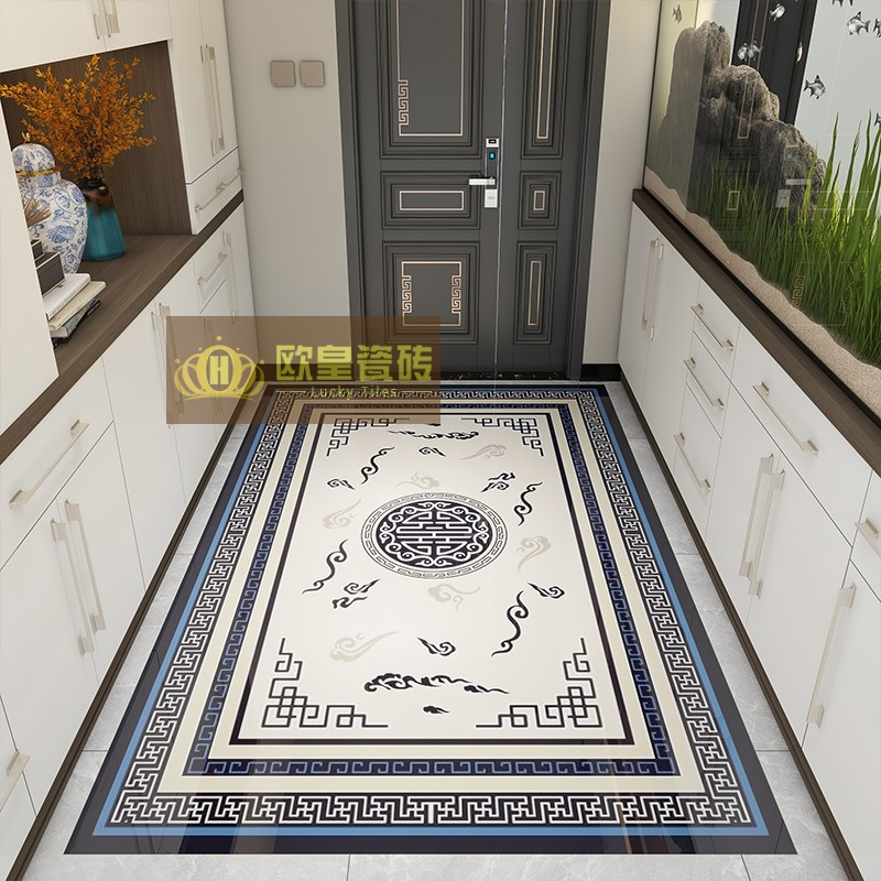 新中式入户c拼花地砖客厅浅蓝色花砖全瓷耐磨餐厅进门玄关造型瓷