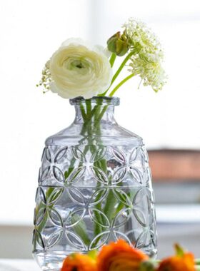 花摆件插花玻璃花瓶北欧刻花复古小时间花器小清新客厅《寻觅》口
