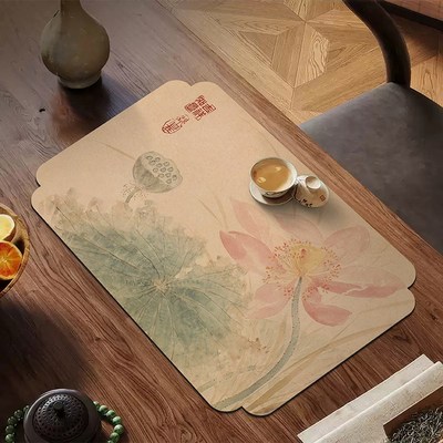荷花禅意茶席中式国风桌旗硅藻泥沥水垫J吸水茶桌垫布茶台干泡杯