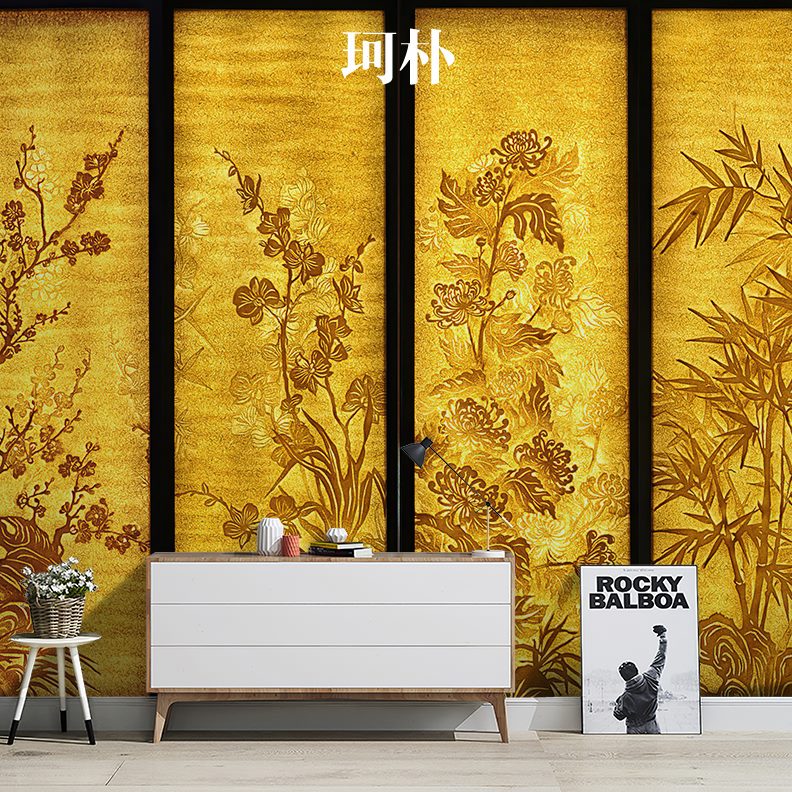 壁纸电视背景墙壁画梅兰竹菊油画客厅珂朴新中式卧室无缝墙布