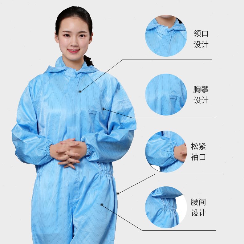 净化衣连体拉链白带帽无尘厂工作服车间防静电蓝色食品薄款男女服