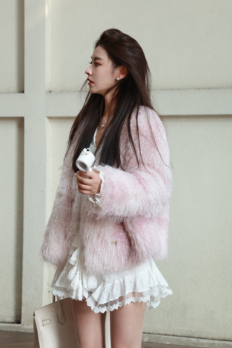 浅粉色小香风毛毛绒外套女2025年秋季新款环保仿皮草气质名媛大衣,女装皮草,浙宝187