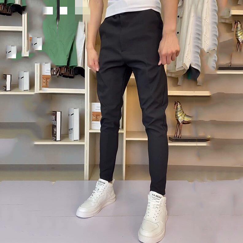 个性1835小黑裤士黑色西裤男拼接直筒西服裤小脚百搭口散修身西裤