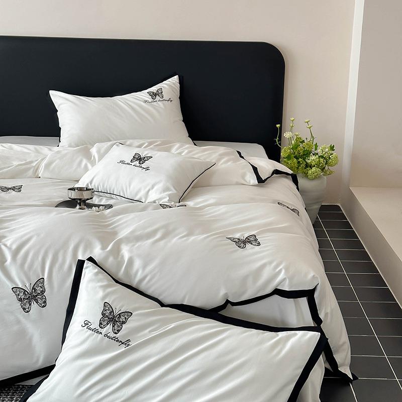 轻奢100支A类全棉床上四件套蝴蝶蕾丝刺绣长绒棉被套床笠款三件套