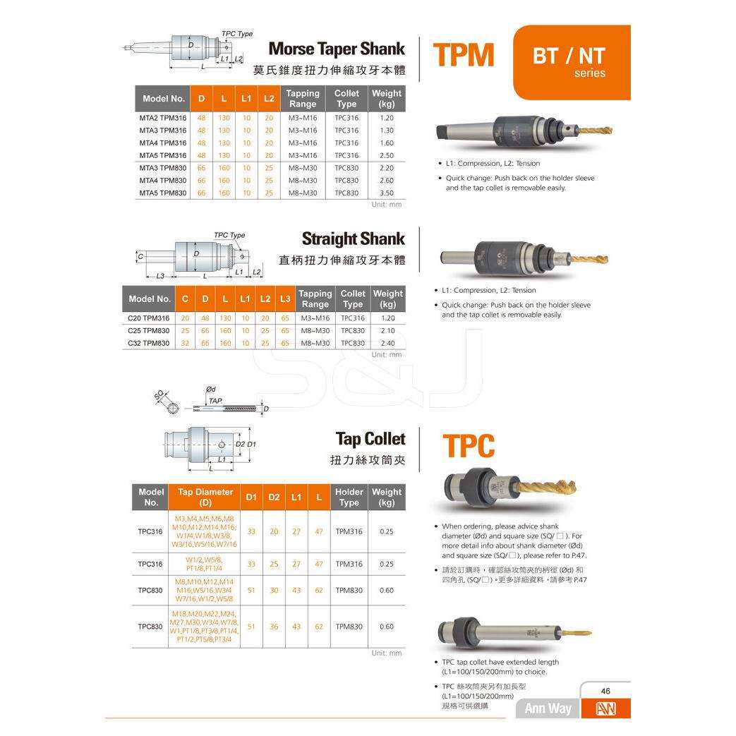 供应安威TPC扭力丝攻筒夹TPC攻牙仔攻牙筒夹TPC316 TPC830