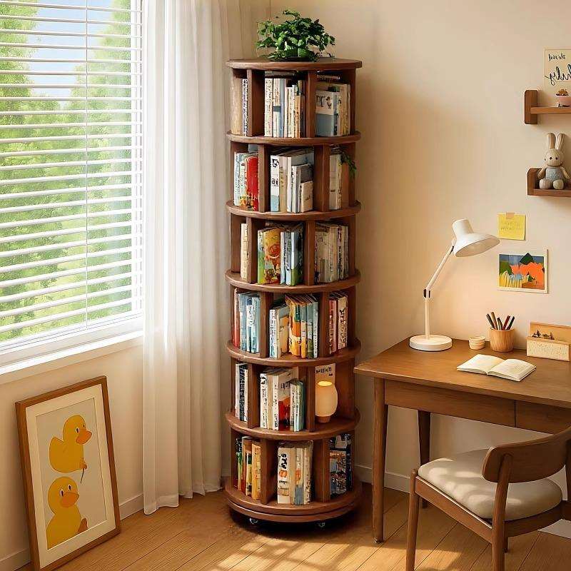 实木旋转书架360度书柜置物架落地一体靠墙可移动转角家用小窄柜