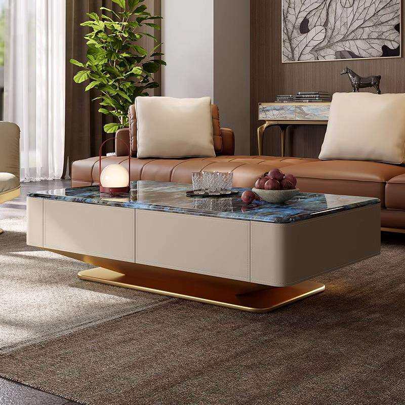 意式天然大理石茶几马鞍皮家用微晶石奢石轻奢方形新款客厅茶几