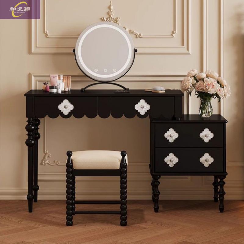 新款现代简约黑色梳妆台法式复古轻奢化妆桌子卧室高级实木梳妆台