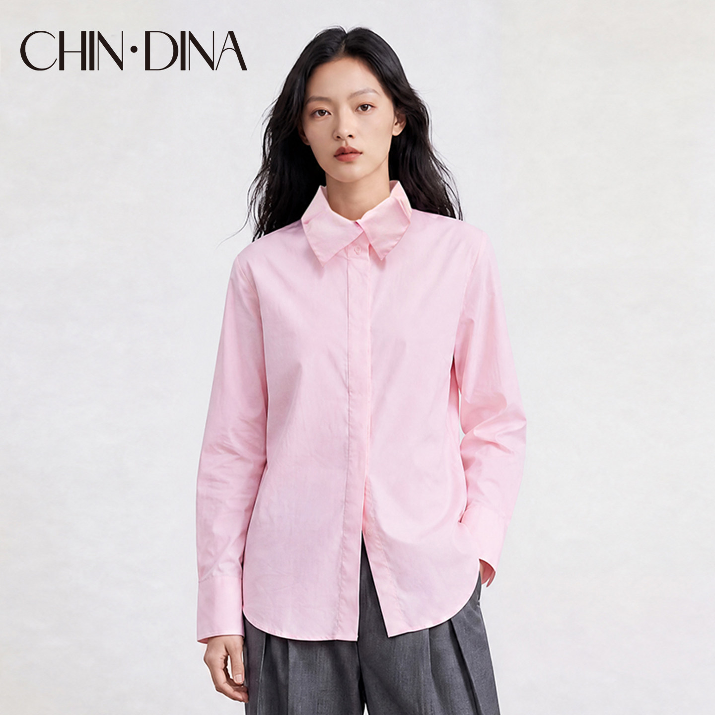 CHIN·DINA粉色衬衫女2026秋季高级感通勤长袖衬衣上衣